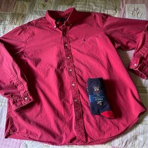 Ralph Lauren Men’s Size XXL Red Casual‎ Button Down Shirt AND 2 Pair RL Socks